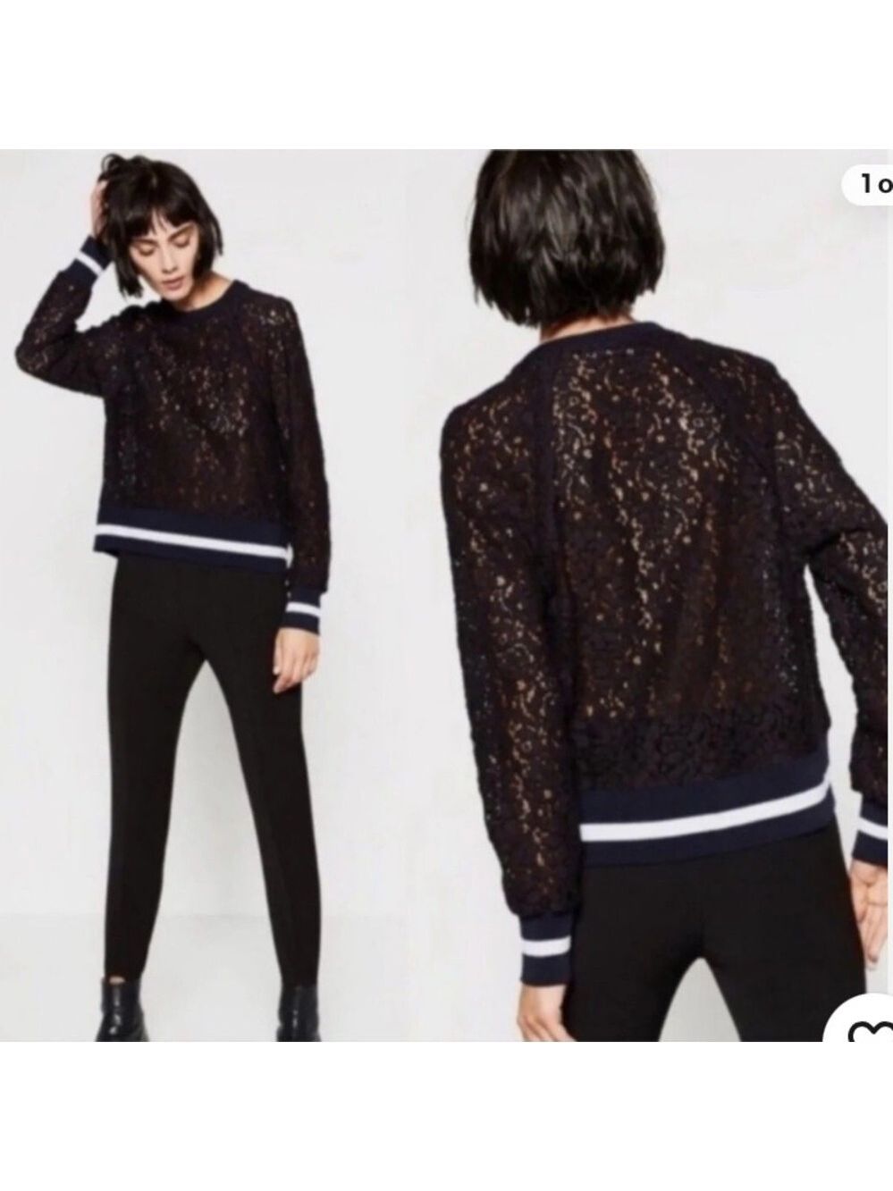 Revamped Black Lace Top White Accents Small Feminine Chic Sporty Preppy Modern